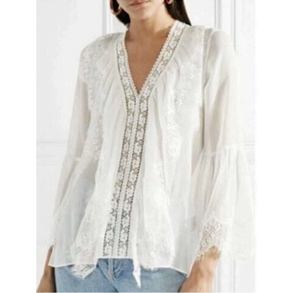 Alice + Olivia Jaden Lace Trimmed Bell Sleeve Sheer Gauze White Tunic Top Blouse - Picture 16 of 16